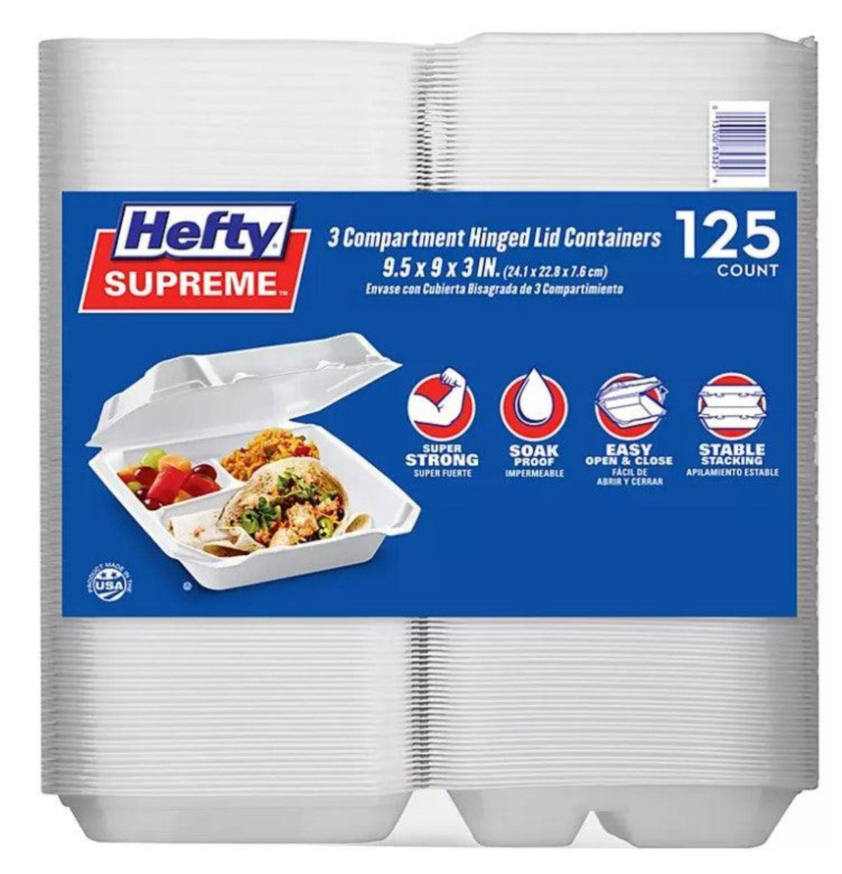 Hefty Supreme Foam Hinged Lid Container, 3-Compartment (125 ct.) - Grovano