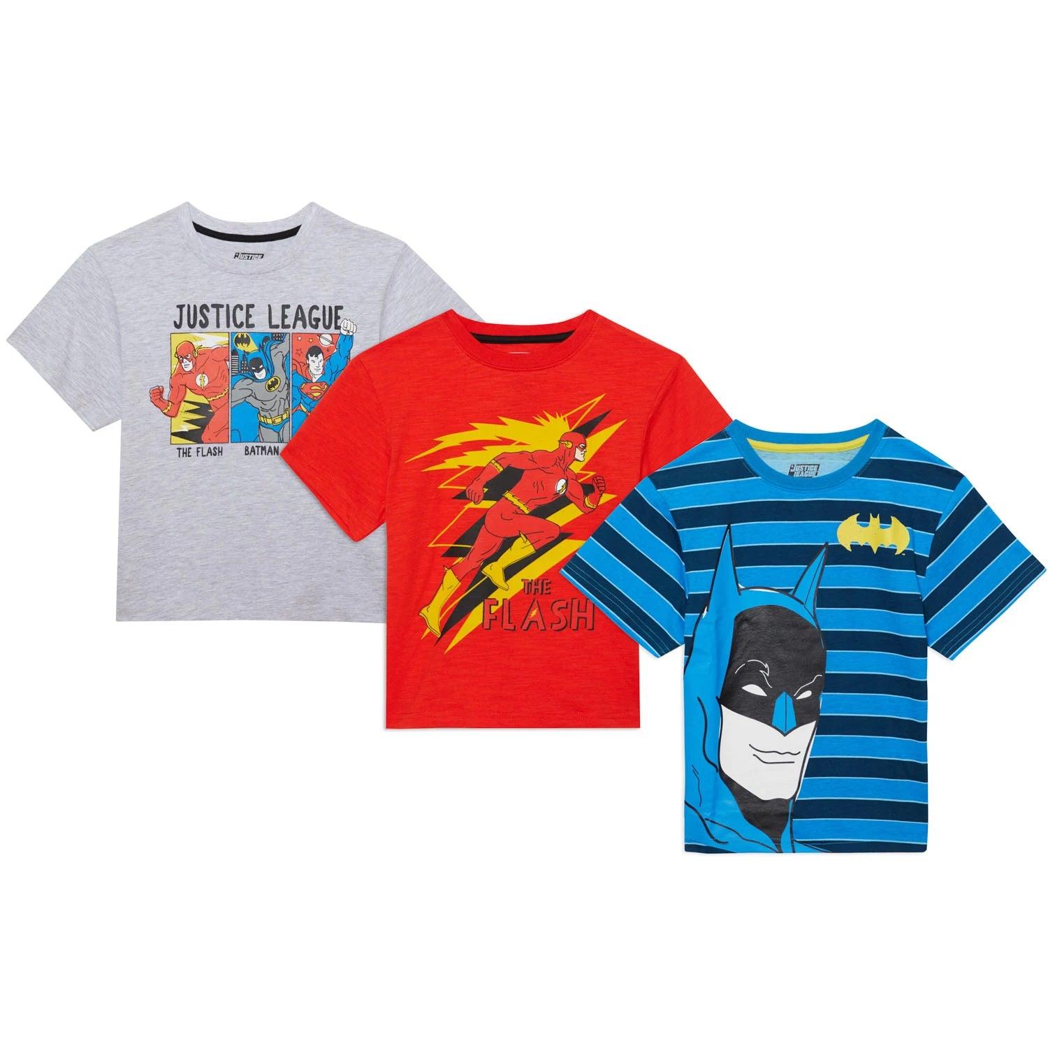 Justice League Boy's 3-Pack Various Super Hero Graphic Print Short Sleeve Tees, Gray/Red/Blue - Grovano