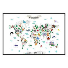 Animal Pals Around The World Framed Canvas Art Map - Grovano